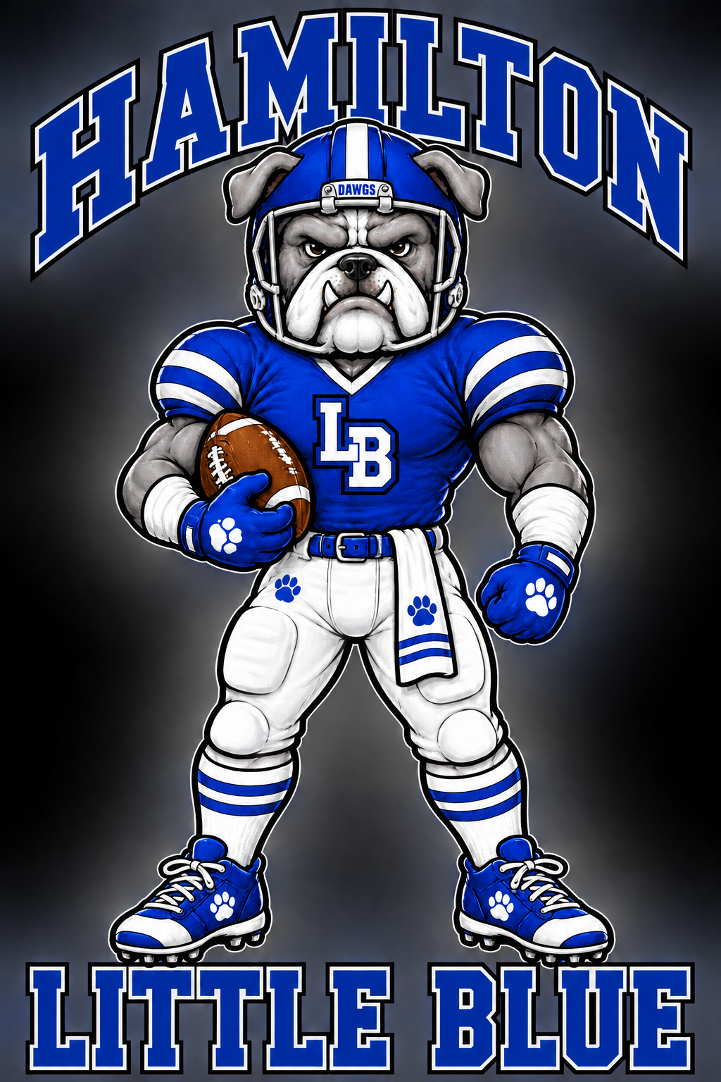 Hamilton Little Blue Bulldog Dressed in Football Gear